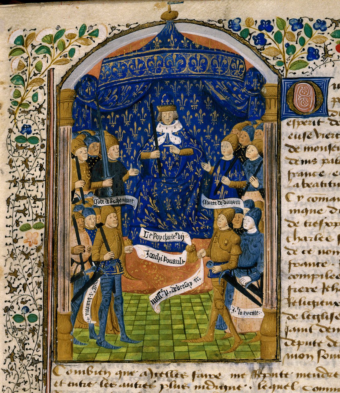 ملك فرنسا شارل السابع (1403-1461) وحاشيته. إلى اليمين: جان دورليانز أو جان كونت دي دونوا المعروف باسم قاع أورليانز (1402-1468) ، بيير دي بريز (توفي 1465) ، جان دارك (1412-1431). إلى اليسار: آرثر الثالث من بريتاني ، كونت ريتشمونت (1 بواسطة فنان غير معروف