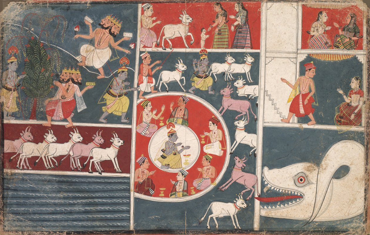 كريشنا يعزف على الفلوت وحلقات أخرى من Bhagavata Purana بواسطة فنان غير معروف