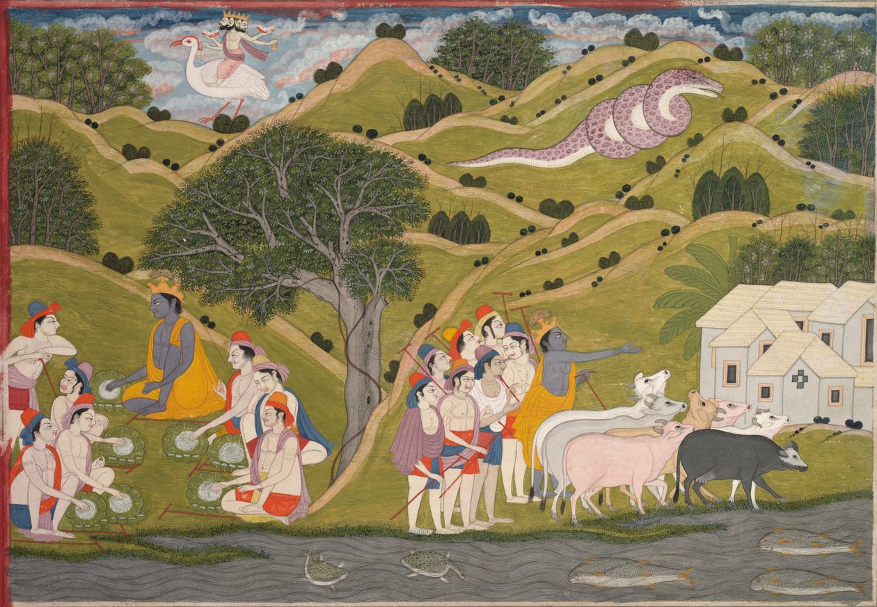 يعود Krishna مع Cowherds إلى Braj ، من Bhagavata Purana بواسطة فنان غير معروف