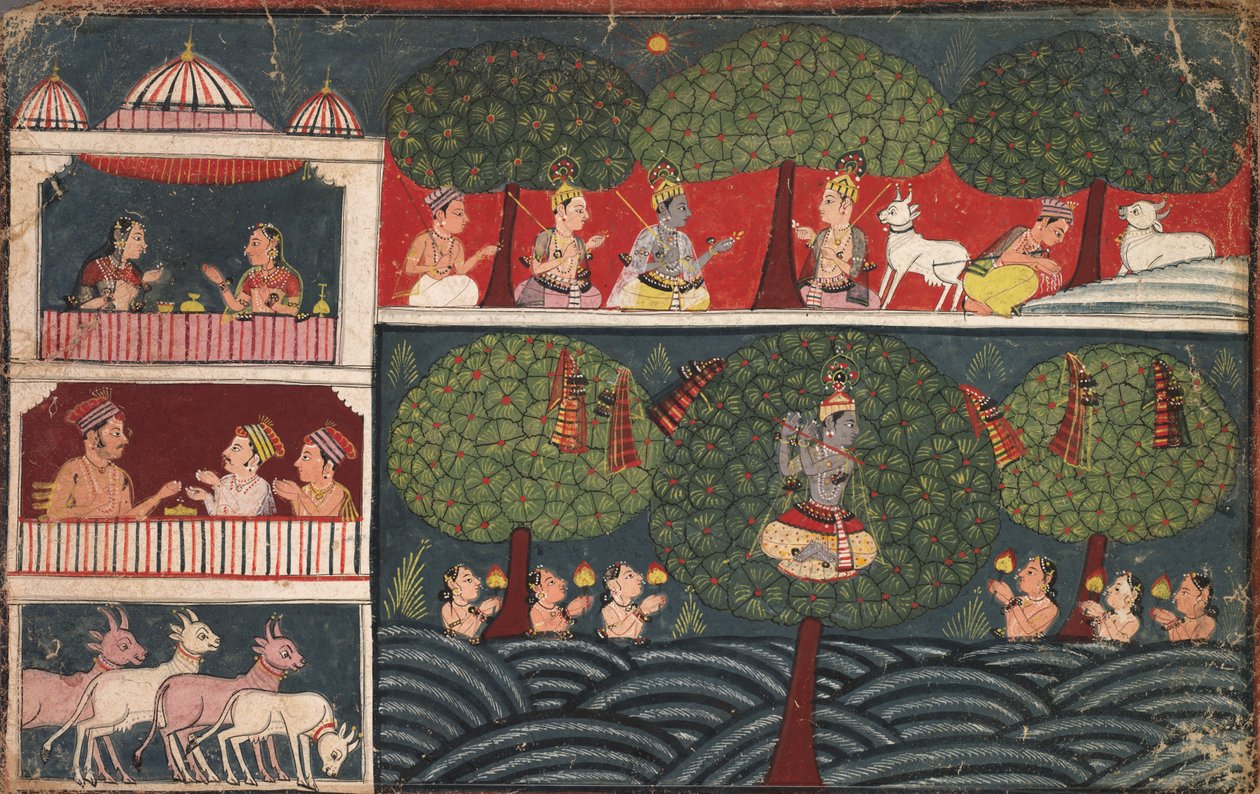 كريشنا يسرق ملابس اللبن ويشرح فضيلة الأشجار ، من Braj Bhagavata Purana بواسطة فنان غير معروف