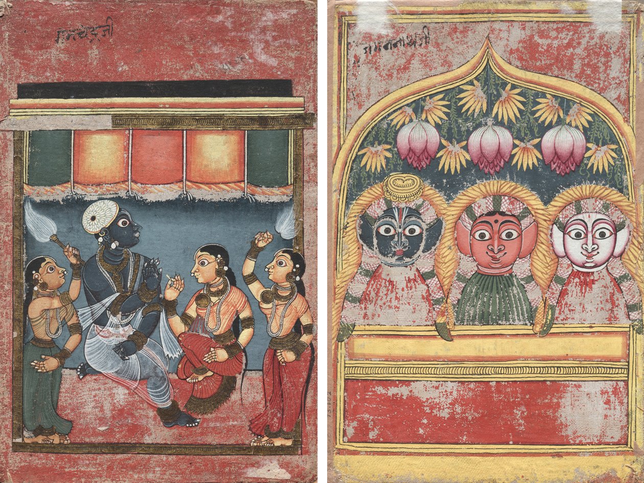 كريشنا مع رادها واثنين من المرافقين (وجه) ؛ Jagannath و Subhadra و Balarama في قوس (ظهر) بواسطة فنان غير معروف