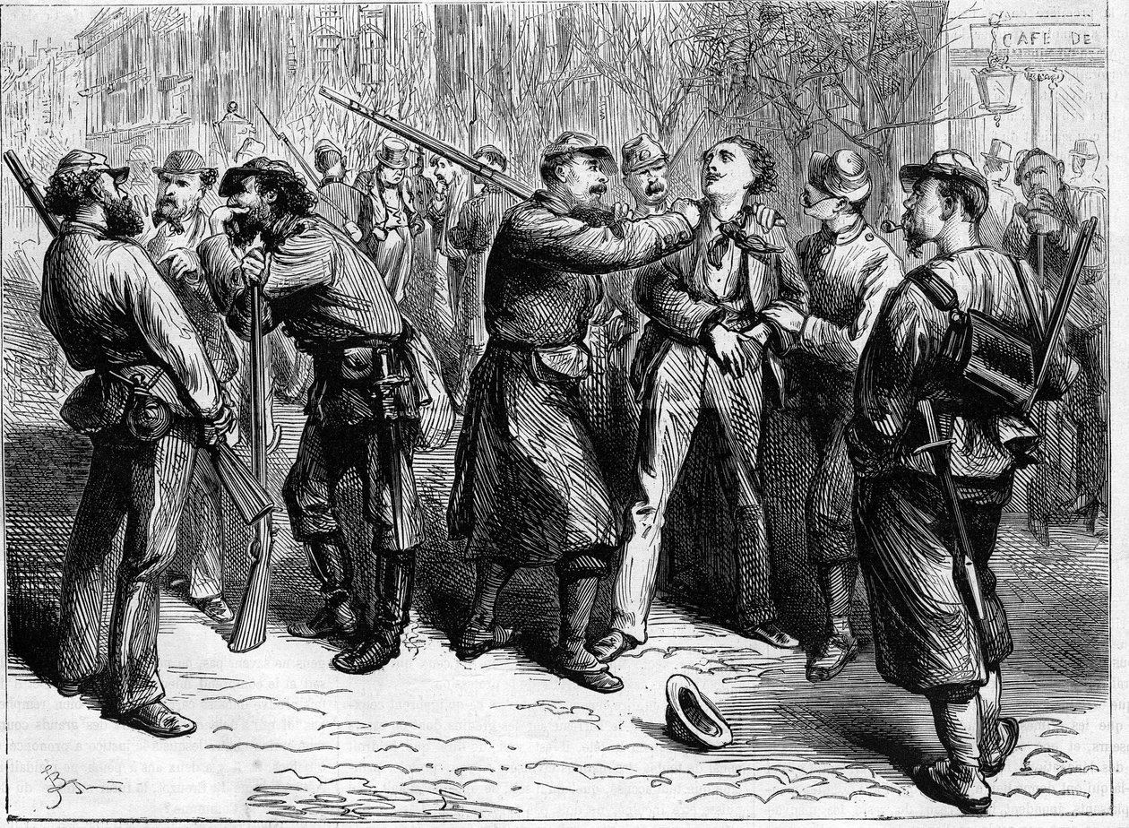 La Commune de Paris عام 1871. القبض على أحد الانكسار من قبل مجموعة من الفدراليين. بواسطة فنان غير معروف