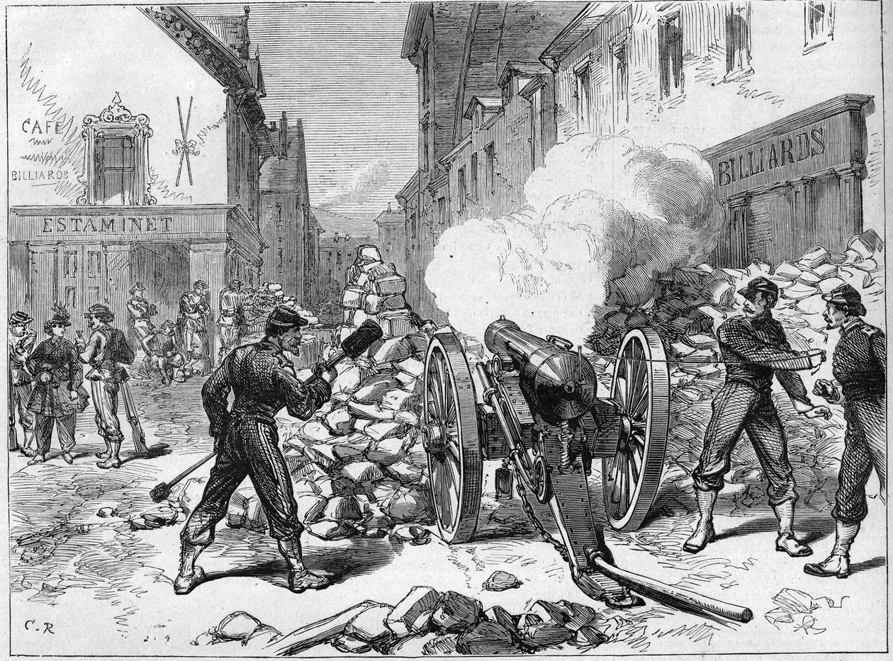 La Commune de Paris عام 1871. بطارية أقامها الفدراليون (الكوميونات) في إيسي. بواسطة فنان غير معروف