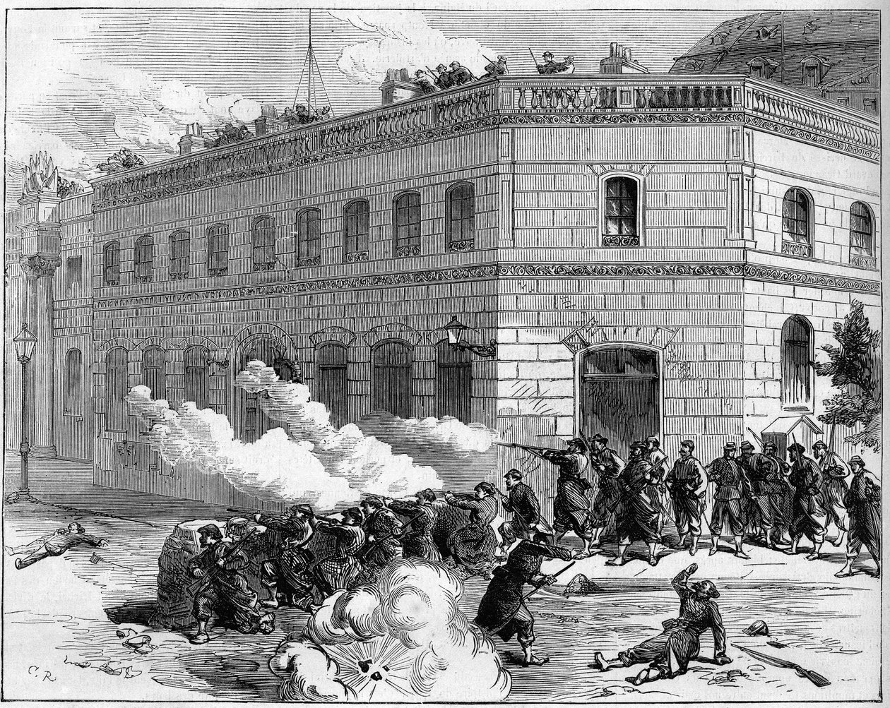 La Commune de Paris عام 1871. دفاع الفيدراليين (Communards) عن قصر الإليزيه. بواسطة فنان غير معروف