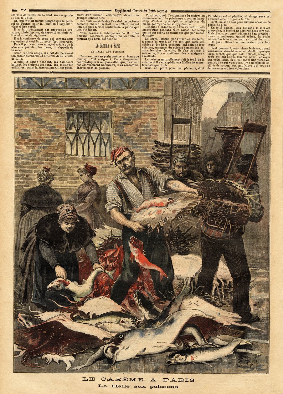 سوق السمك في باريس. نقش في "" مجلة Le petit "" "" 4/03/1893. مجموعة سيلفا. بواسطة فنان غير معروف