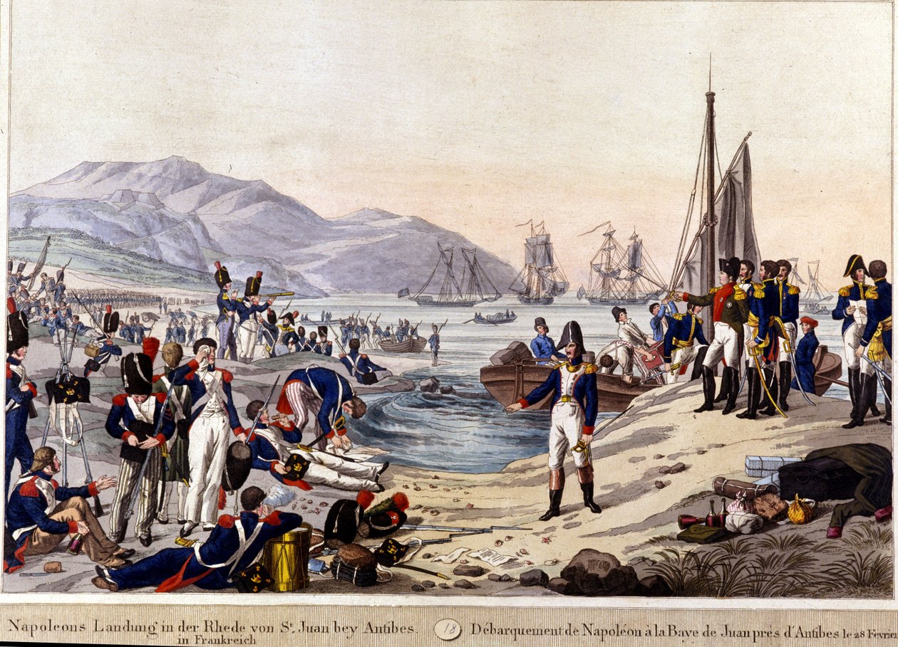 هبوط نابليون الأول في أنتيبس عام 1815. نقش القرن التاسع عشر. بواسطة فنان غير معروف