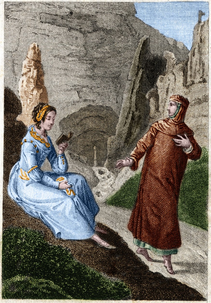Laure de Noves (Laura) و Francesco Petrarca (Petrarca) (شاعر إيطالي وعالم إنساني 1304 - 1374). نقش من نهاية القرن الثامن عشر. بواسطة فنان غير معروف