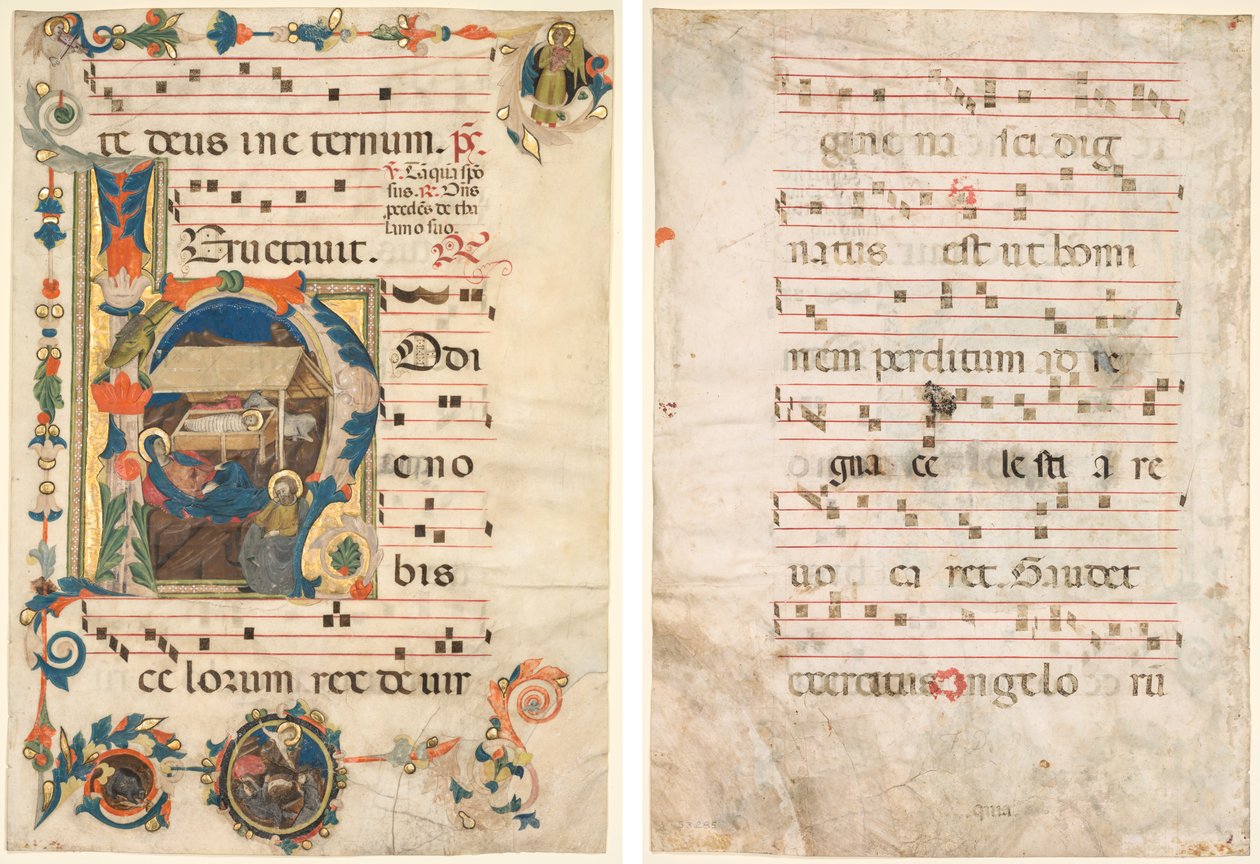 ورقة من Antiphonary مع الأحرف الأولى التاريخية (H) مع الميلاد (الصفحة اليمنى) والموسيقى (الظهر) بواسطة فنان غير معروف