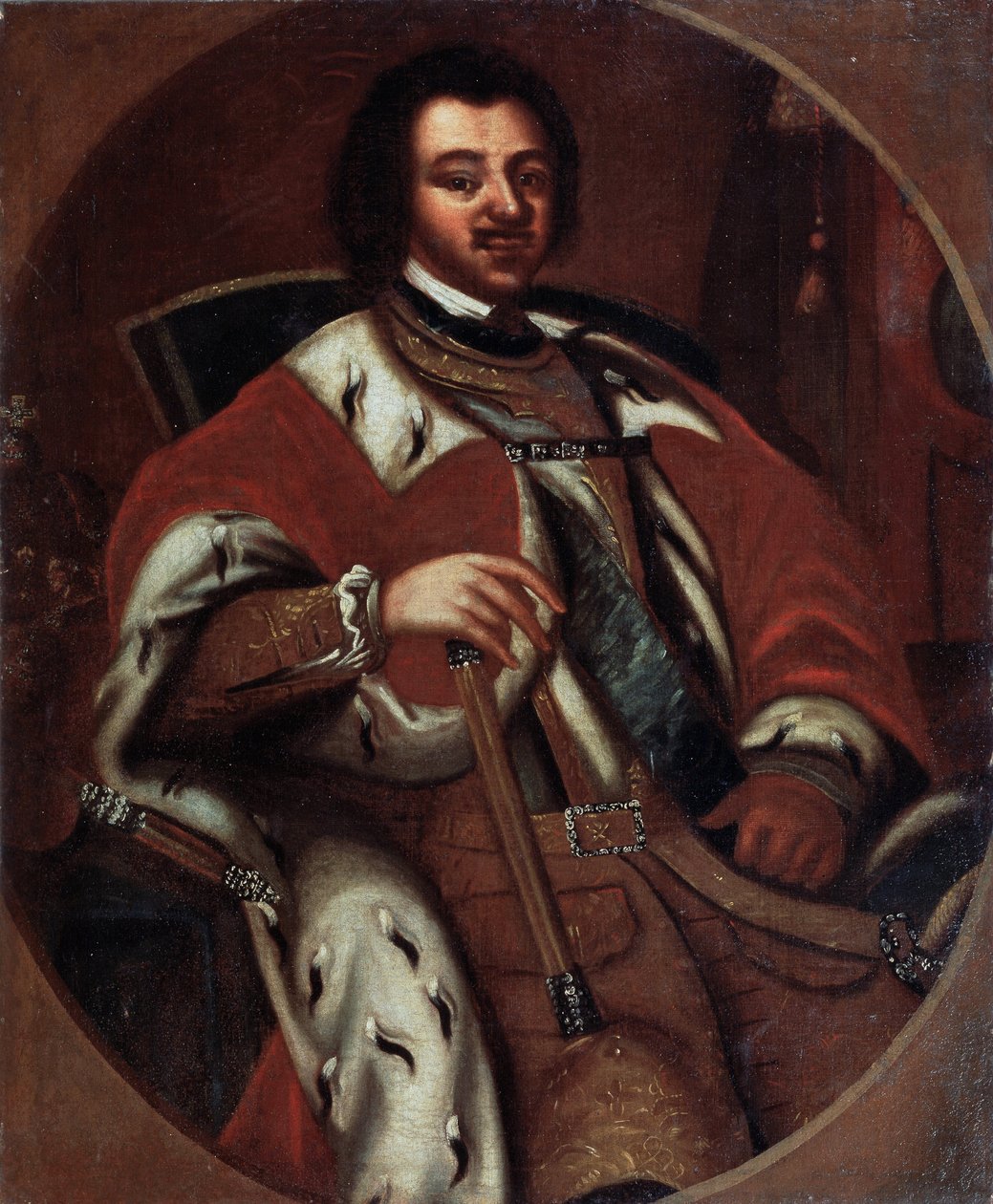 الإمبراطور الروسي بيتر الأول (الكبير) (1672-1725) على عرشه (الإمبراطور بيتر الأول). لوحة مجهولة. زيت على قماش ، أوائل القرن الثامن عشر. متحف الدولة للفنون ، ياروسلافي (روسيا). بواسطة فنان غير معروف