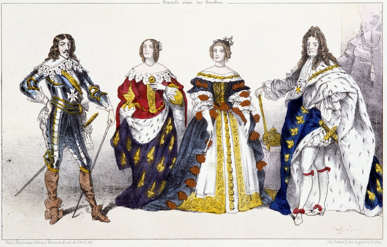 Les Bourbons: Louis XIII (1601-1643) و Anne of Austria (1601-1666) ، ماري تيريز من النمسا (أو إسبانيا) (1638-1683) ولويس الرابع عشر (1638-1715) - لوحة مستخرجة من ملوك وملكات فرنسا في المطبوعات ، باريس ، محرر. سويفت بواسطة فنان غير معروف