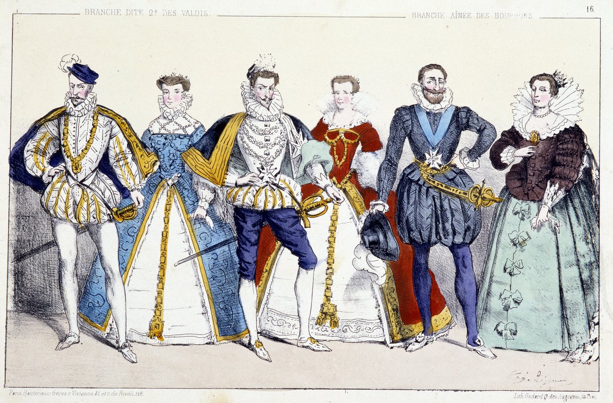 Les Valois et les Bourbons: Charles IX (1550-1574) and Elisabeth of Austria (1554-1592) ، Henry III (1551-1589) and Louise de Lorraine Vaudemont (1553-1601) ، Henri IV (1553-1610) and Marie de Medicis (1575-1642) - الشاطئ المستخرج من ملوك وملكات الأب بواسطة فنان غير معروف