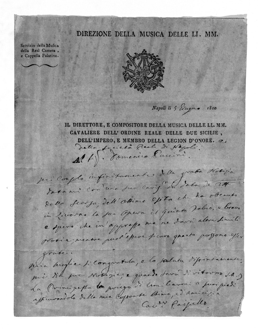 رسالة من Giovanni Paisiello (أو Paeseello أو Paesieillo) (1740-1816) ، ملحن إيطالي في Domenico Puccini ، جد جياكومو بوتشيني. 1810. متحف مسرح ميلان لا سكالا. بواسطة فنان غير معروف