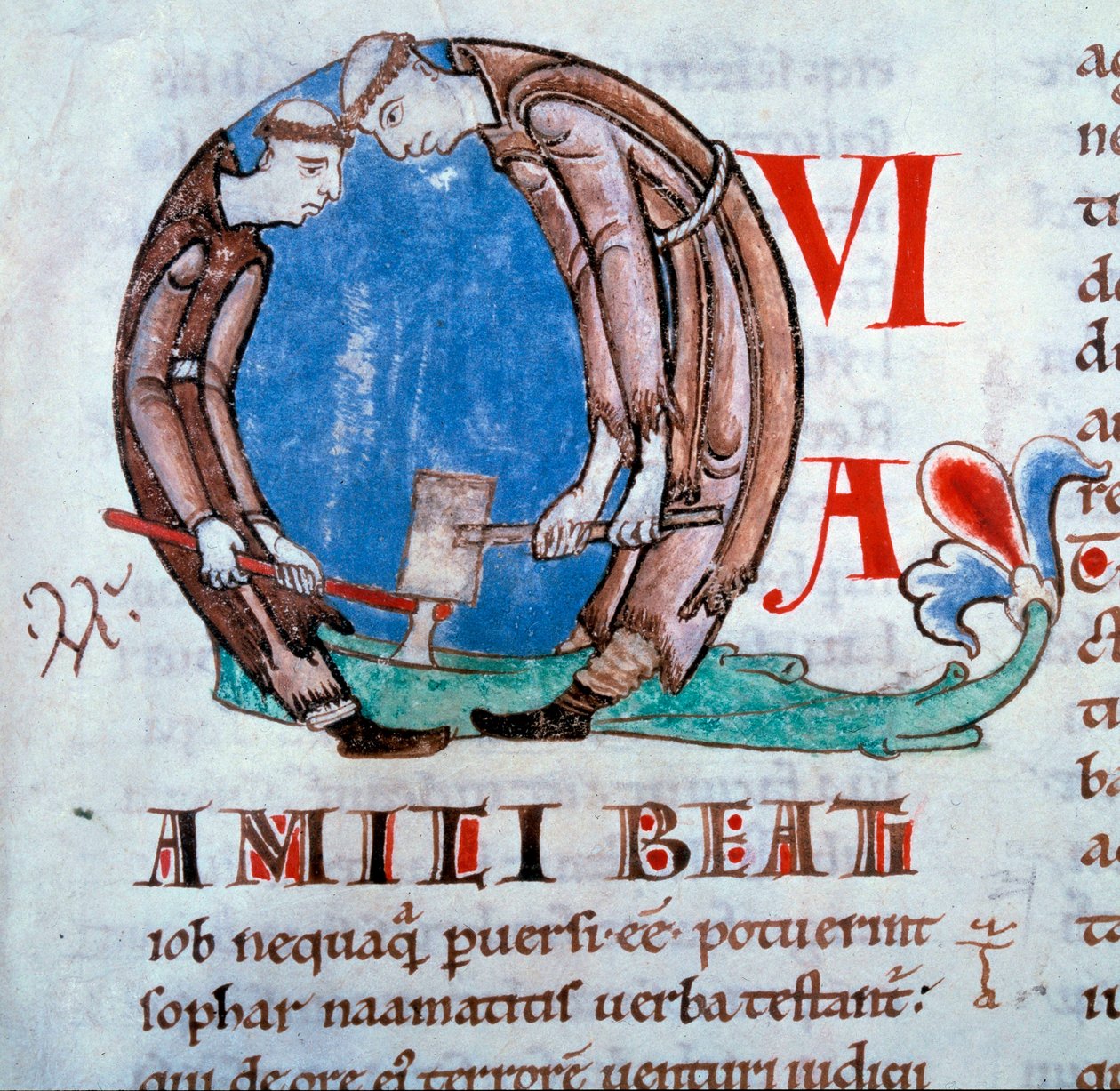 Lettrine Q”” representing the defrichant monks (monks woodcows)”” Miniature taken from the “Moralia in Job”” (or Comments from the Book of Job) of St. Gregoire I said the Great or the Dialogue (532-604), Folio 59 of Volume III, beginning of the 12th centur بواسطة فنان غير معروف