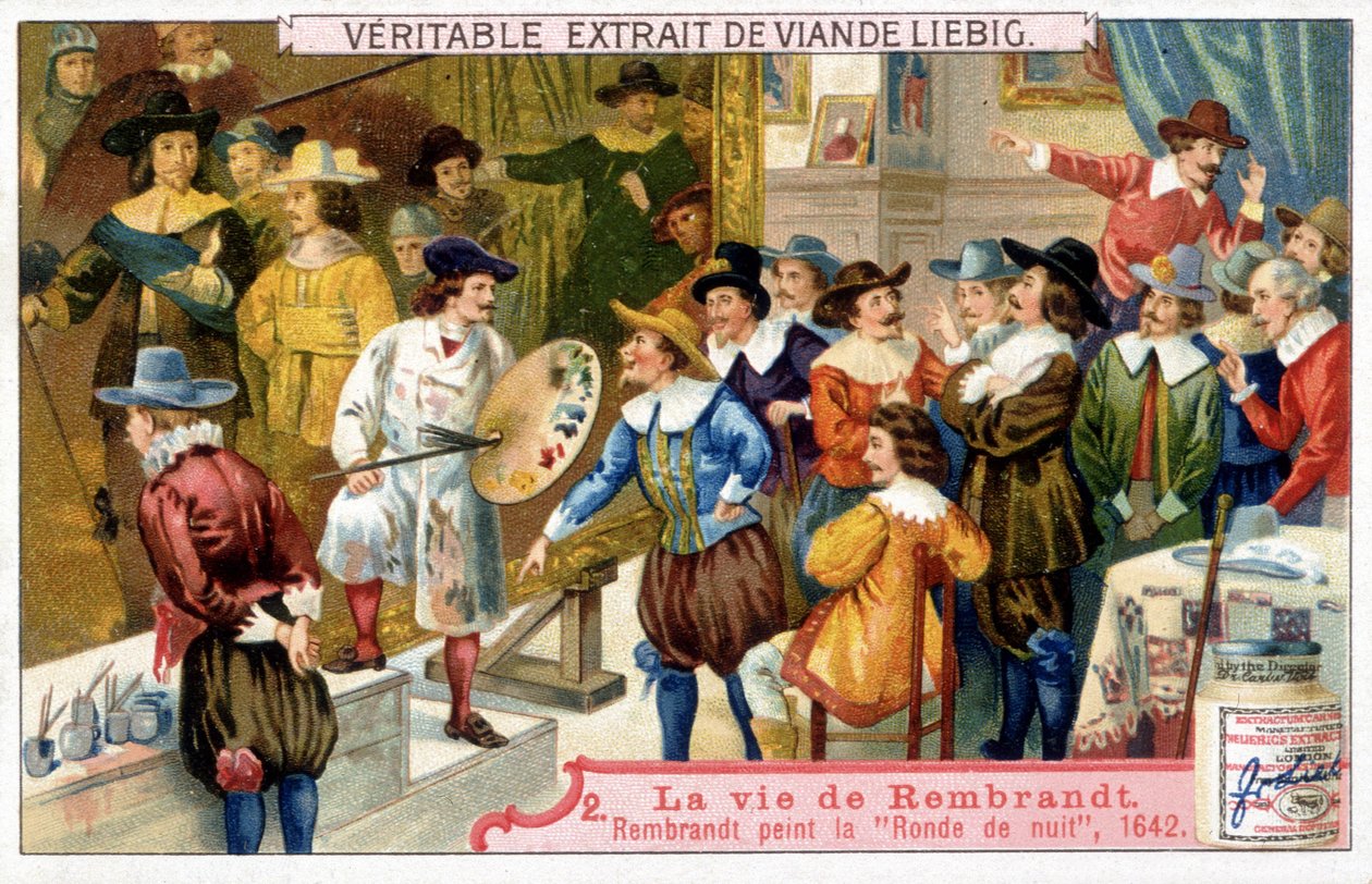 Liebig chromolithography on the life of Rembrandt (1606 - 1669) ، الرسام الهولندي هنا في الليل في عام 1642. بواسطة فنان غير معروف