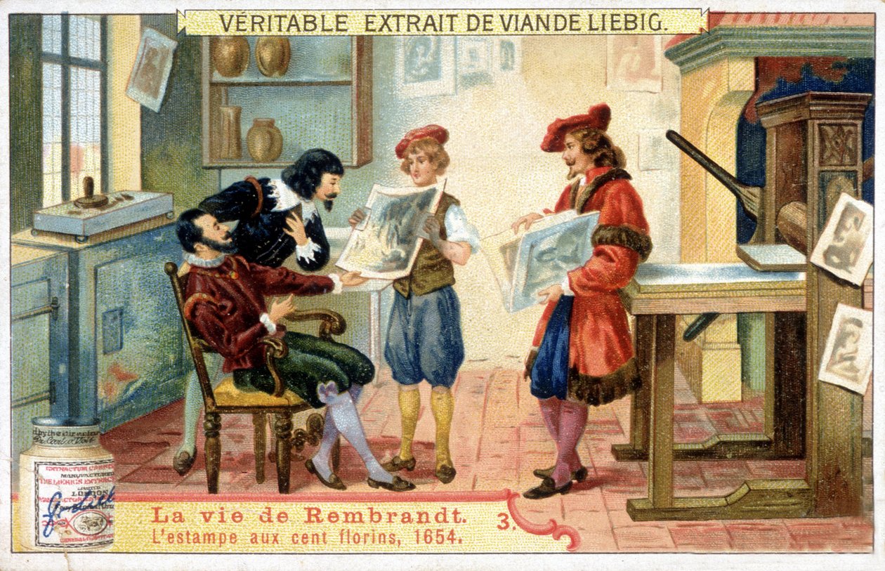 Liebig chromolithography on the life of Rembrandt (1606 - 1669) الرسام الهولندي. هذه هي طبعة 100 غيلدر عام 1654. بواسطة فنان غير معروف