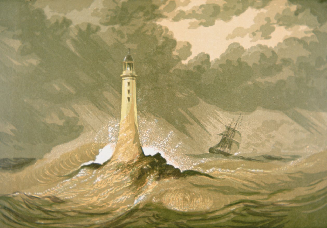 Lighthouse with Sailing Ship بواسطة فنان غير معروف