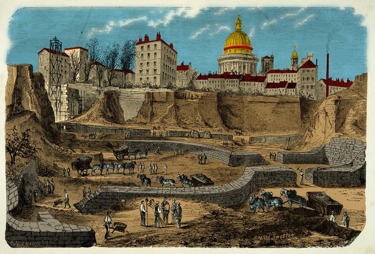 Location of the Gallo Romain circus dating back to the 2nd century BC, discovered in 1870 during the drilling of rue Monge in Paris, engraving 19th century بواسطة فنان غير معروف