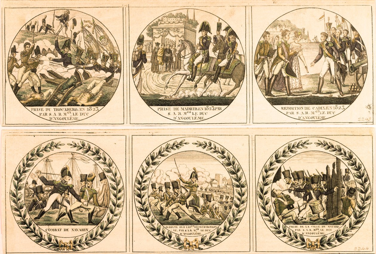 Louis Antoine (Louis-Antoine) of Bourbon ، Duke of Angouleme (Louis de France أو Louis XIX (1775-1884) أثناء الحملة الإسبانية عام 1823: أخذ Trocadero ، الاستيلاء على مدريد ، استسلام قادس ، معركة Navarin ، خلف الاسبانية امام Barce بواسطة فنان غير معروف