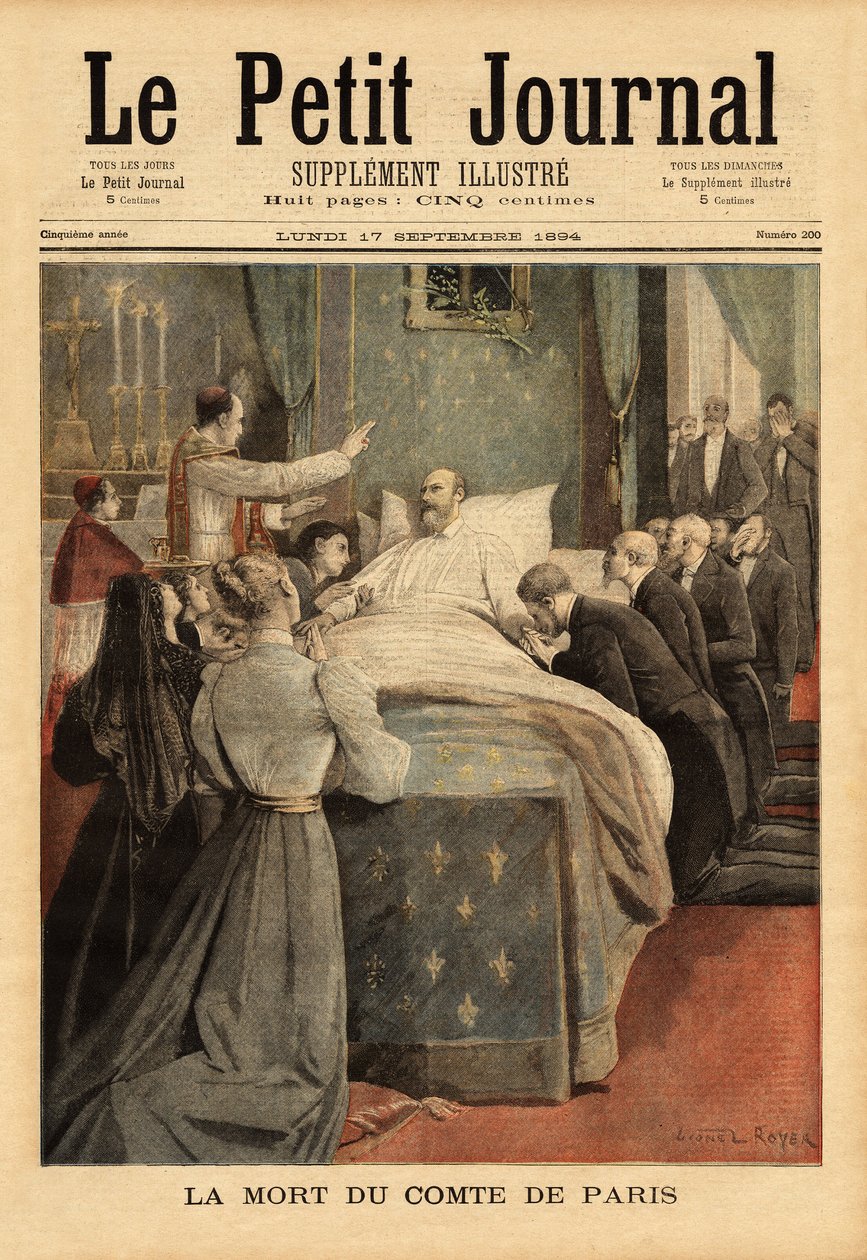 لويس فيليب دورلينز (1838-1894) كونت باريس ، على فراش موته ، متظاهرًا بأورلياني على عرش فرنسا ، تحت اسم فيليب السادس ، وتوفي في المنفى في قلعة Stowehouse ، باكينجهامشير (المملكة المتحدة). نقش في "" Le petit journa بواسطة فنان غير معروف