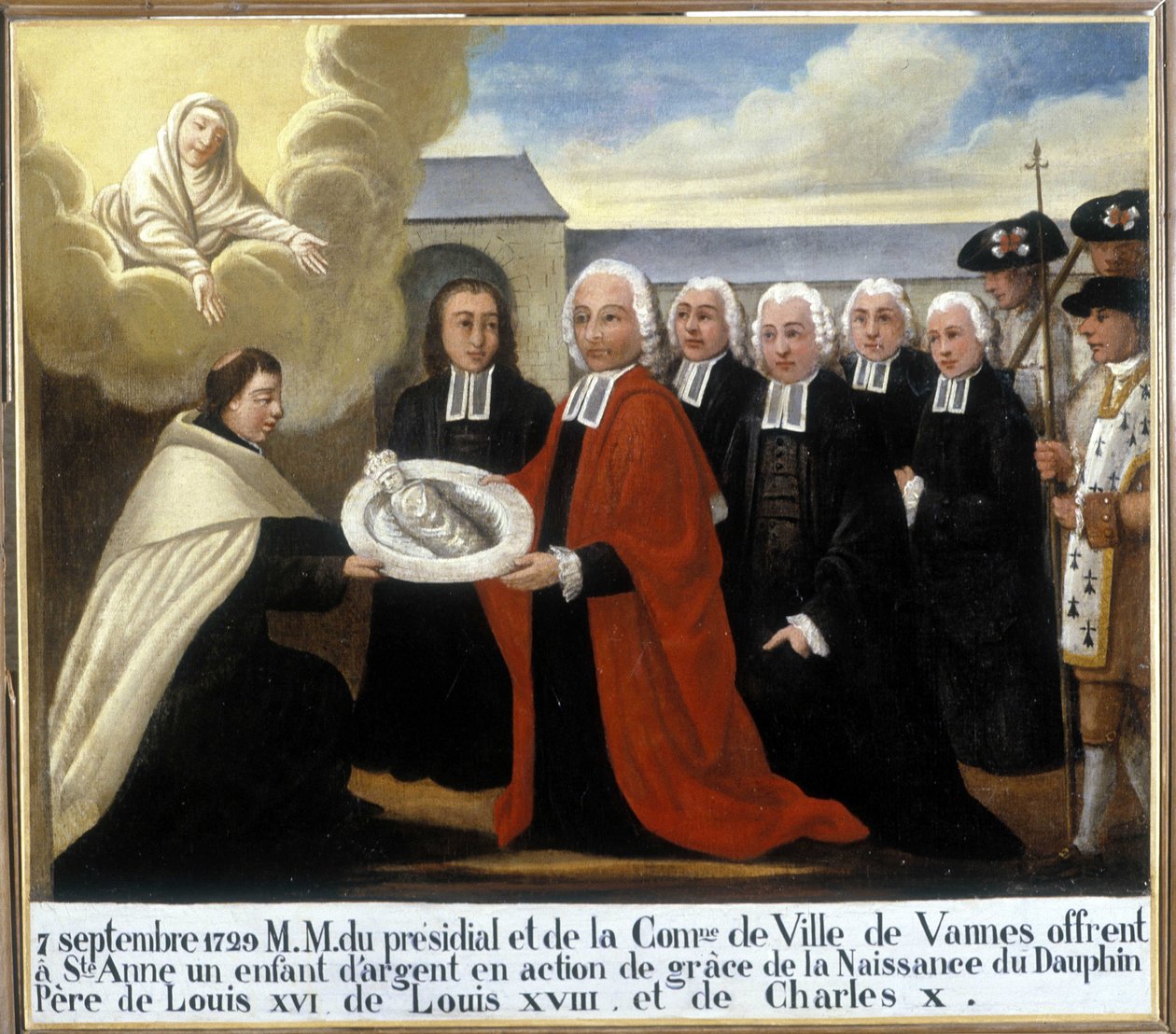 يقدم MM du Presidial et de la Commune de Vannes سانت آن طفلًا فضيًا في عيد الشكر منذ ولادة الدلفين لويس دي فرانس (1729-1765) ، 7 سبتمبر 1729 - فوتو سانت آن دي أوراي السابقة بواسطة فنان غير معروف
