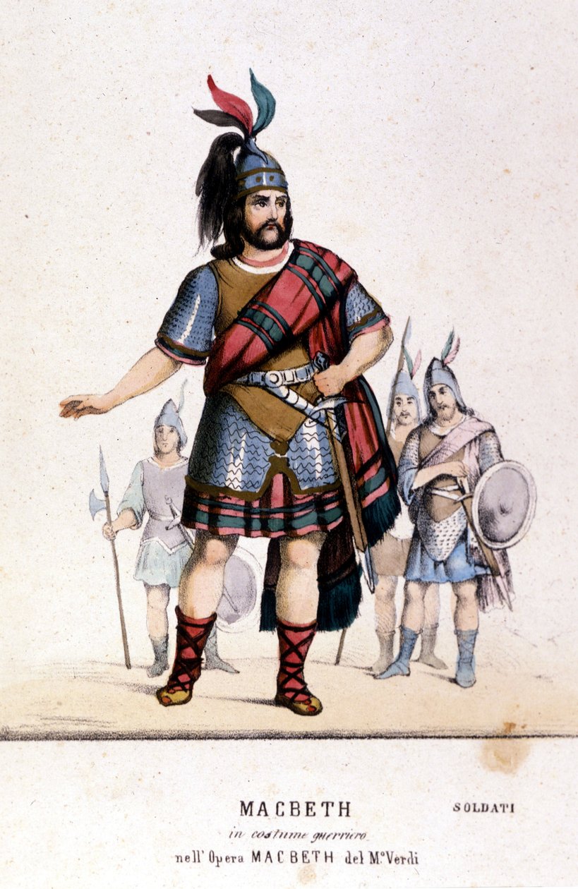 شخصية ماكبث في زي محارب في الأوبرا التي تحمل الاسم نفسه لجوزيبي فيردي (1813 - 1901) بعد عمل ويليام شكسبير. 1847. النقش. بواسطة فنان غير معروف