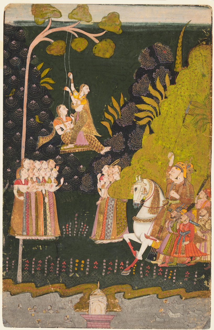 مهراجا أبهاي سينغ من ماروار (حكم من 1724 إلى 1749) ، الفروسية ، مشاهدة الفتيات يتأرجح في مهرجان تيج بواسطة فنان غير معروف