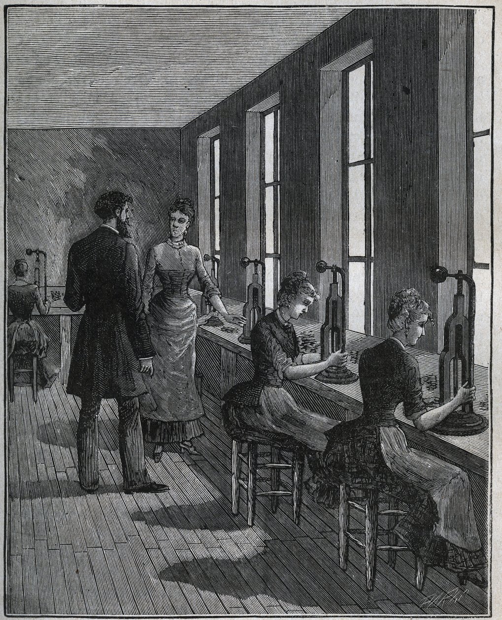 صناعة الريش المعدني: ورشة عمل دكبج في فرنسا في القرن التاسع عشر. نقش من عام 1885 في "" Les Arts et metiers Illustres "" لأدولف بيتارد. بواسطة فنان غير معروف