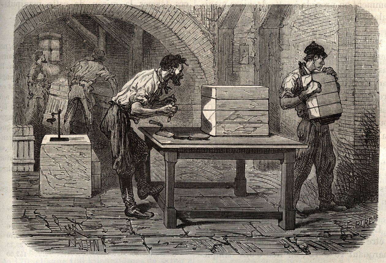 صناعة الصابون - L'industrie du Soap - تقطيع رغيف الصابون من مرسيليا إلى قضبان باستخدام الأسلاك - نقش في "Les Merveilles de l'Industrie" بواسطة Louis Figuier بواسطة فنان غير معروف
