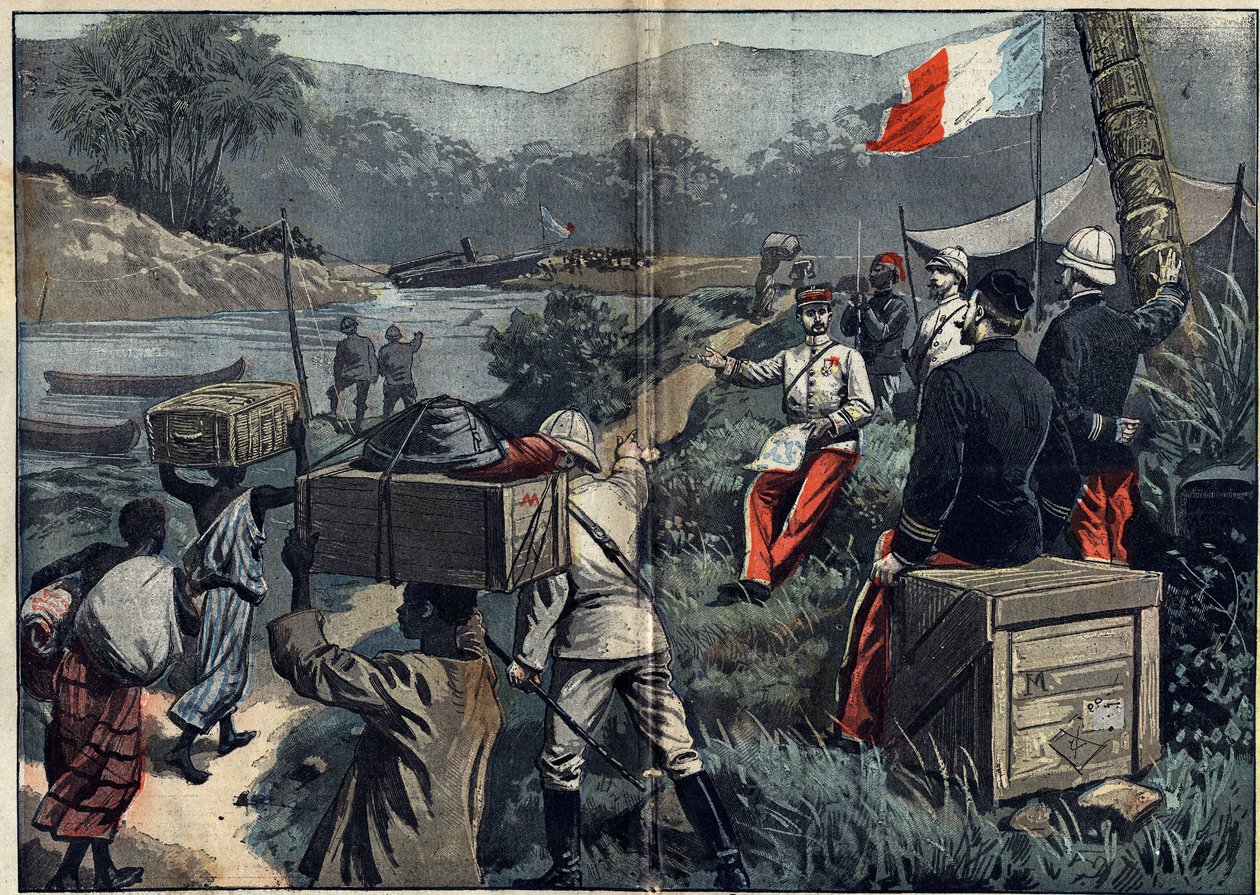 بعثة مارشاند في إفريقيا (1896-1899): الحملة الاستكشافية التي استولت على أعالي النيل في عام 1898. إطلاق البخار القابل للفك "Le Faidherbe" على نهر M'Bomou (الكونغو). هم: الملازم لارجو ، جان بابتيست مارشان (1863-1934) ، النقيب جير بواسطة فنان غير معروف