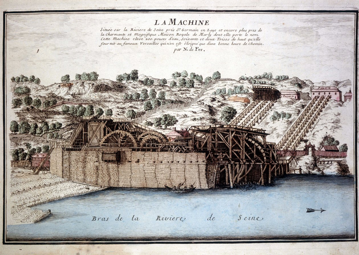 تستخدم آلة مارلي دي رينكين لنقل مياه نهر السين إلى فرساي عبر قناة مارلي المائية. نقش من 1700. بواسطة فنان غير معروف