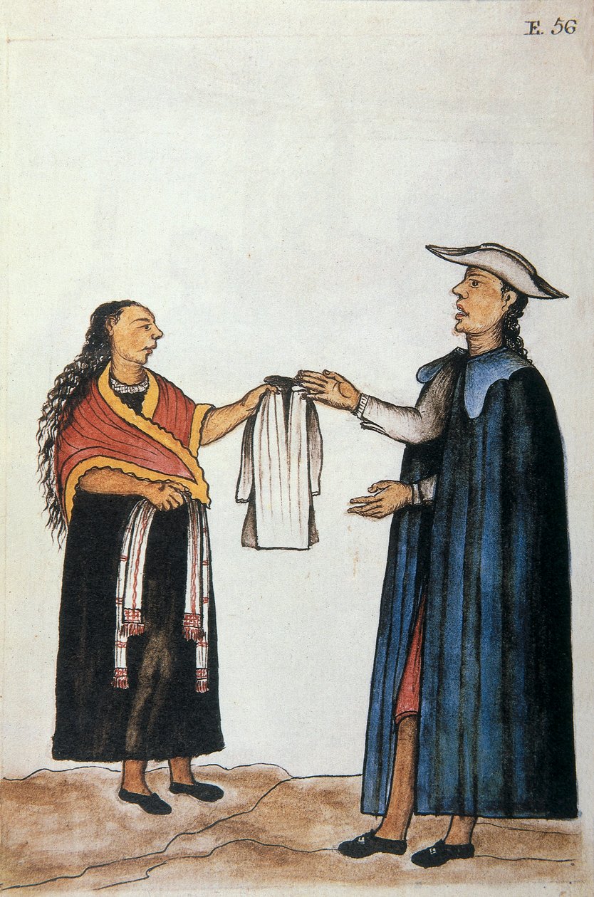 ترتيب الزواج بين الهنود ، التفاوض حول لباس العروس ، من كتاب "Trujillo del Peru" أو "Códice Martínez Compañón" ، بقلم بالتازار مارتينيز كومبانيون إي بوجاندا ، أسقف تروخيو (1782-1785) بواسطة فنان غير معروف