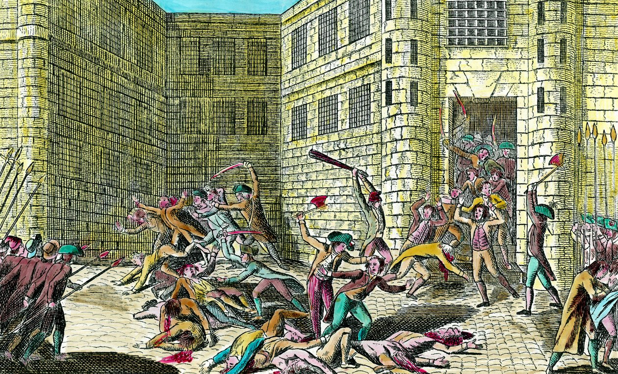 مذبحة لسجناء دير سان جيرمان على يد الشعب في سبتمبر 1792. مشهد من الثورة الفرنسية. نقش القرن الثامن عشر. مجموعة خاصة. بواسطة فنان غير معروف