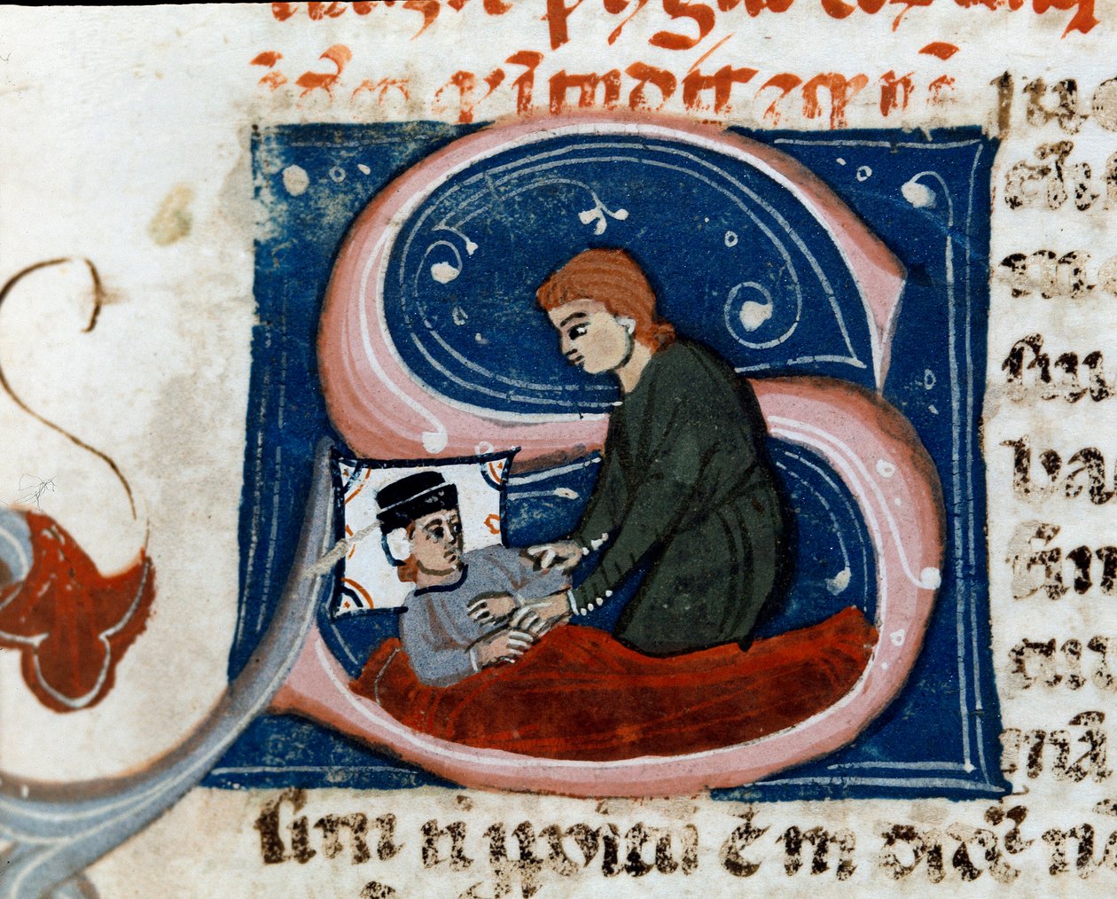 Medicine: sick person heals at home. Detail. Manuscript page (ms.d.xxv) “” Treat of Galien”” (Trattato di Galeno) translated by Nicola da Reggio, philologist doctor. 14th century Cesena, Biblioteca Malatestiana بواسطة فنان غير معروف