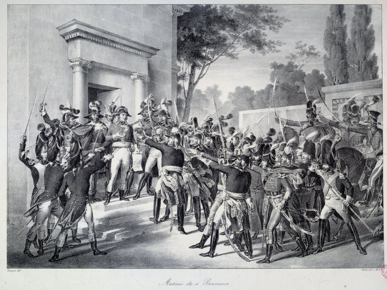 اجتماع الجنرالات والضباط في نابليون بونابرت (1769-1821) حوالي الساعة 7 صباحًا من 18 برومير The Coup d'Etat du 18 brumaire (9/11/1799) بواسطة نابليون بونابرت في Conseil des Cinq-Cents (Cinq سنت) (غرفة من 500) تنتهي Directoi بواسطة فنان غير معروف