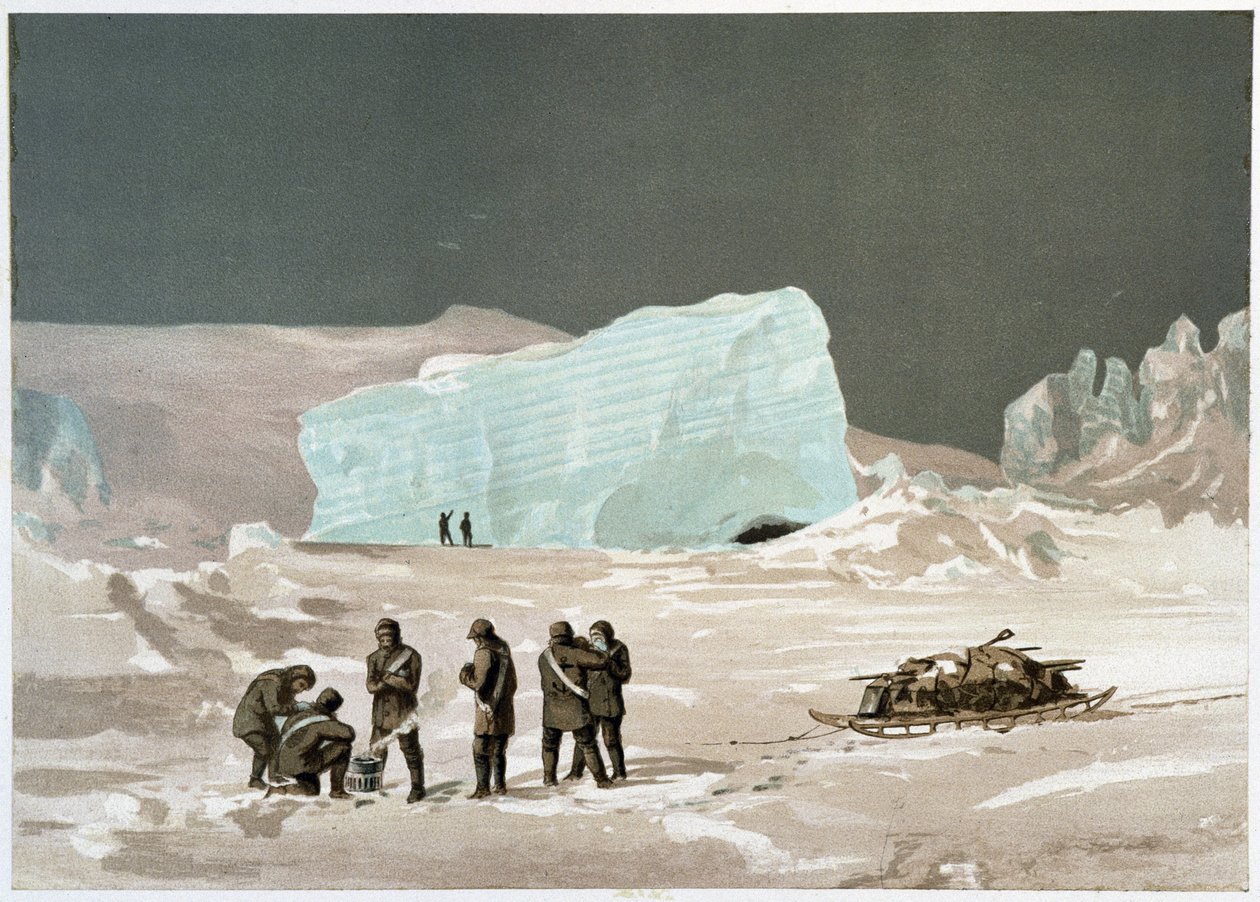 Men and sleigh on the ice - in “” The shores of the polar sea, an Arctic expedition narration””, by Dr. Edward Moos, Marcus Nard & Co, London بواسطة فنان غير معروف