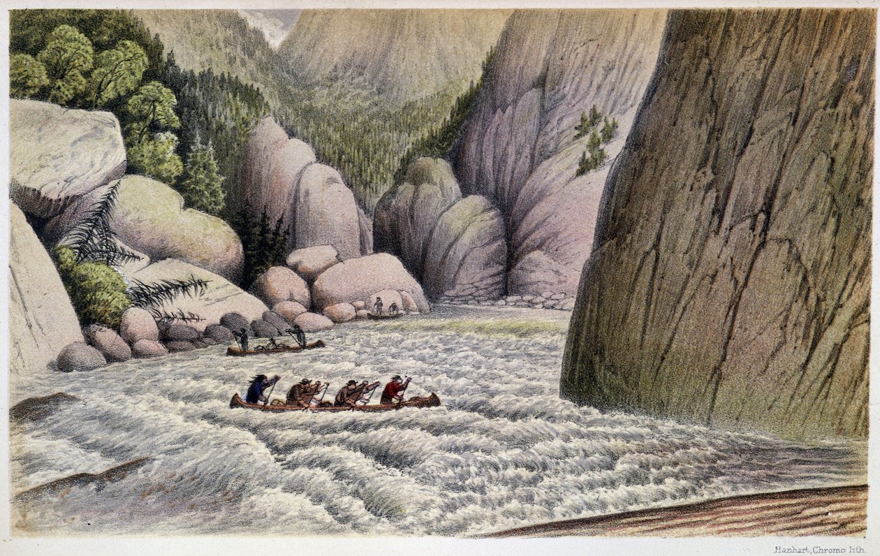 Men in Canoeing Descending Rapids: “” An escape at the fourth rapid””” - in “” Exploration of the Labrador Peninsula”” by Hind, London بواسطة فنان غير معروف