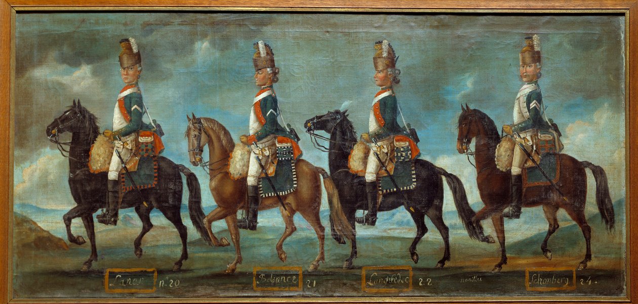 Military uniforms of dragons, according to the order of 1779: regiments of Lanan (n. 20), Belsunce (n. 21), Languedoc (n. 22), Schomberg (n. 24) Anonymous painting of 1779. Paris, Musee de l