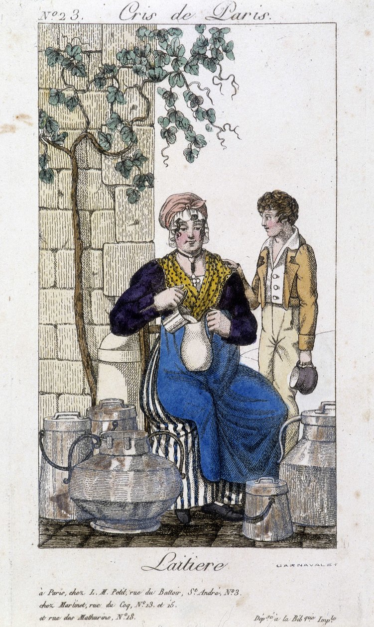 Milk pouring milk into a bottle for a young man - in “” Cris de Paris””, deb. 19th century بواسطة فنان غير معروف