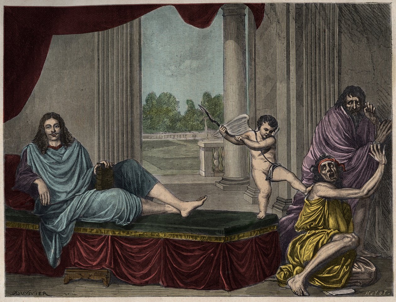 Moliere Jean Baptiste Poquelin (1622-1673) يستحضر جني الكوميديا لإسقاط الرذيلة وإلغاء النفاق - نقش بعد لوحة اختفت من القرن السابع عشر بواسطة فنان غير معروف