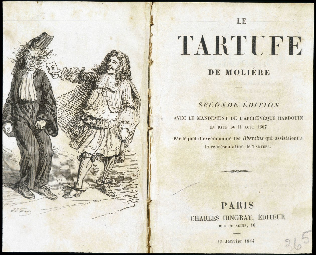 موليير يخيف الكنسي باستخدام قناع المسرح - واجهة "Tartuffe" (Tartufe) بواسطة Molière ، محرر. هينغراي ، باريس بواسطة فنان غير معروف