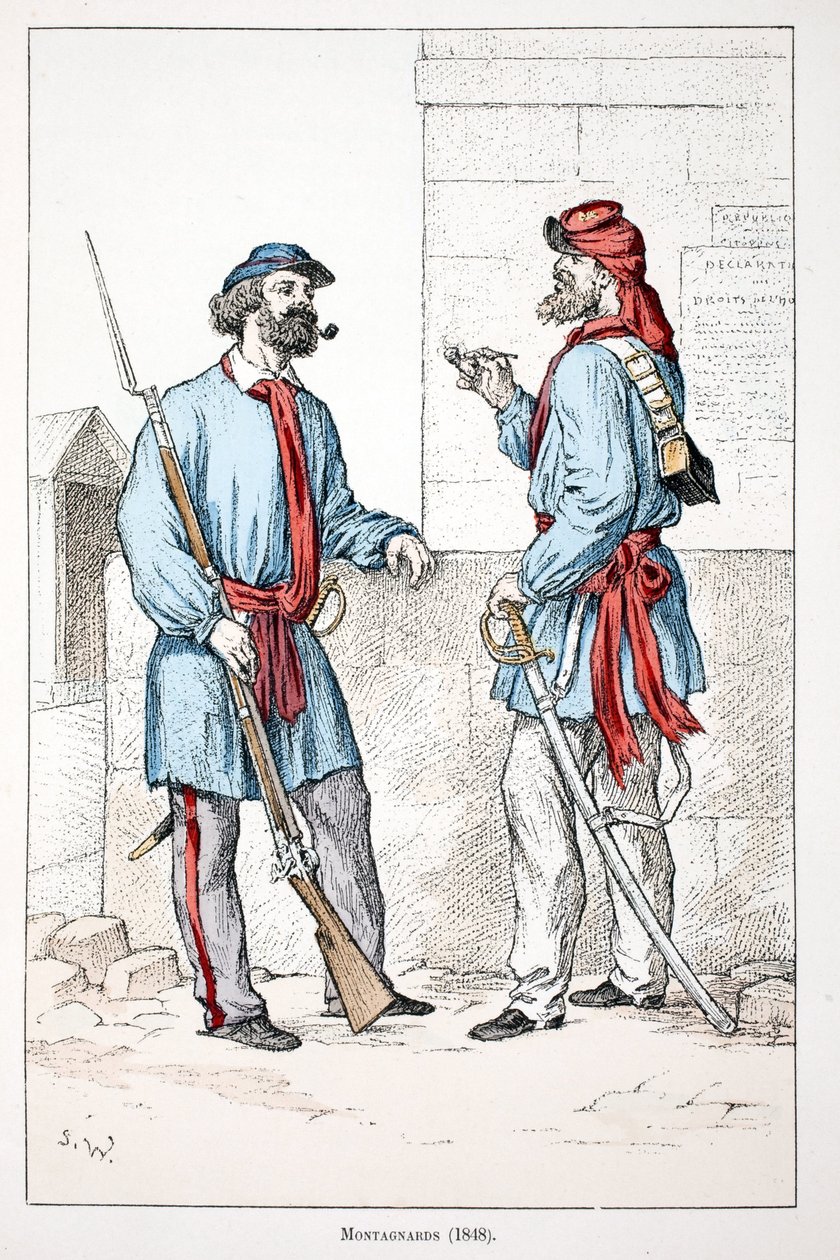 مونتاناردز (1848). النقش بالألوان ، للتوضيح ، كتاب "Histoire du corps des gardiens de la paix" "" "الذي نُشر تحت رعاية حاكم شرطة نهر السين لويس ليبين (1846-1933) ، بقلم ألفريد ري (1864-؟) ولويس فيرون (1862-؟) ، إيديتي بواسطة فنان غير معروف