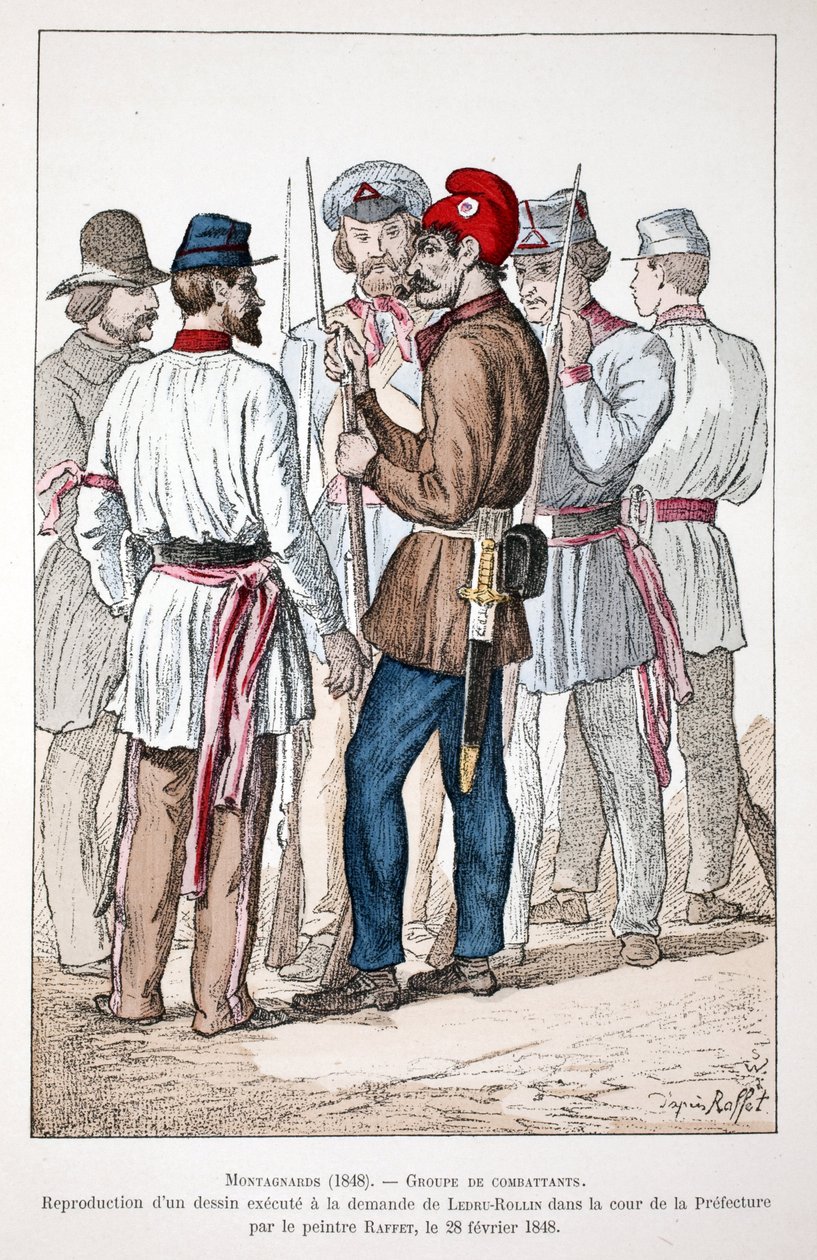 المونتانارد (1848) ، مجموعة من المقاتلين ، يرتدي أحدهم قبعة فريجيان والقبعة الثورية. Eau forte en couleurs ، استنساخ رسم تم تنفيذه بناءً على طلب ألكسندر ليدرو رولين (ليدرو رولين) (1807-1874) في فناء بواسطة فنان غير معروف
