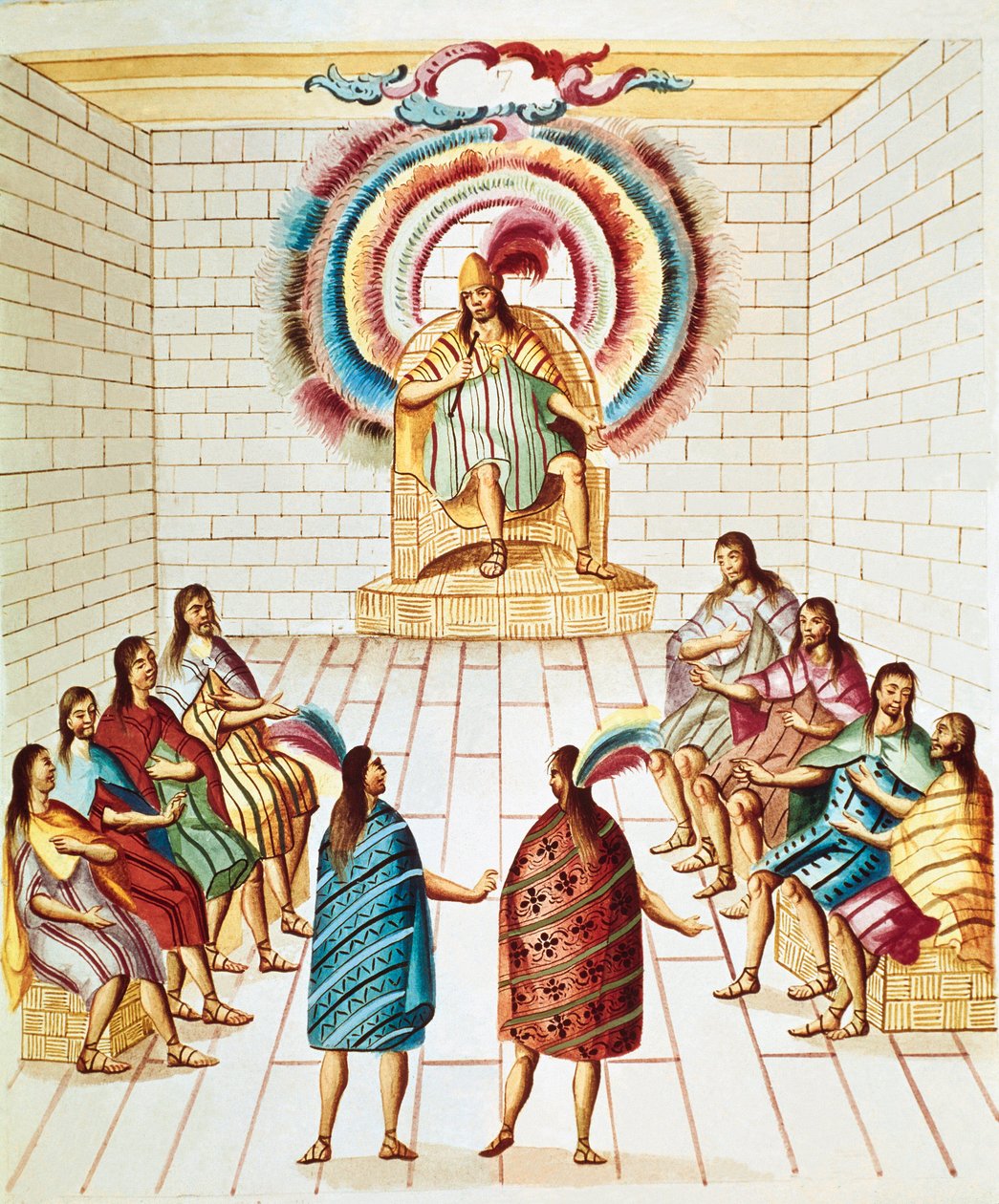 مونتيزوما (أو موكتيزوما الثاني) ، إمبراطور الأزتك (1466-1520) ومجلسه بالألوان المائية مستمدة من "تياترو دي لا نويفا إسبانا" بقلم دييغو غارسيا بانيس (1730-1811) مكسيكو سيتي ، المكتبة الوطنية بواسطة فنان غير معروف