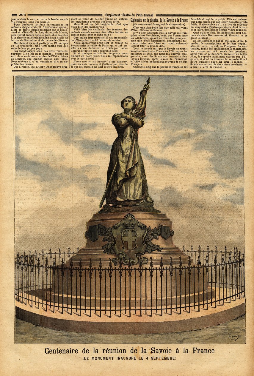 نصب تذكاري للاحتفال بالذكرى المئوية لارتباط سافوي بفرنسا (1792) ، من قبل النحات فالغيري ، تم افتتاحه في 4 سبتمبر. نقش في "" مجلة Le Petit "" 10/10/1892. مجموعة سيلفا. بواسطة فنان غير معروف