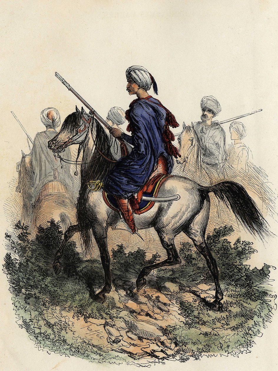 الدرك المغاربي (أو الحراس الميدانيون) المسؤولون عن الشرطة الريفية في الجزائر العاصمة ، تم تدريبهم عام 1831. في كتاب "L'Algerie ancienne et moderne" بقلم ليون غاليبرت بواسطة فنان غير معروف