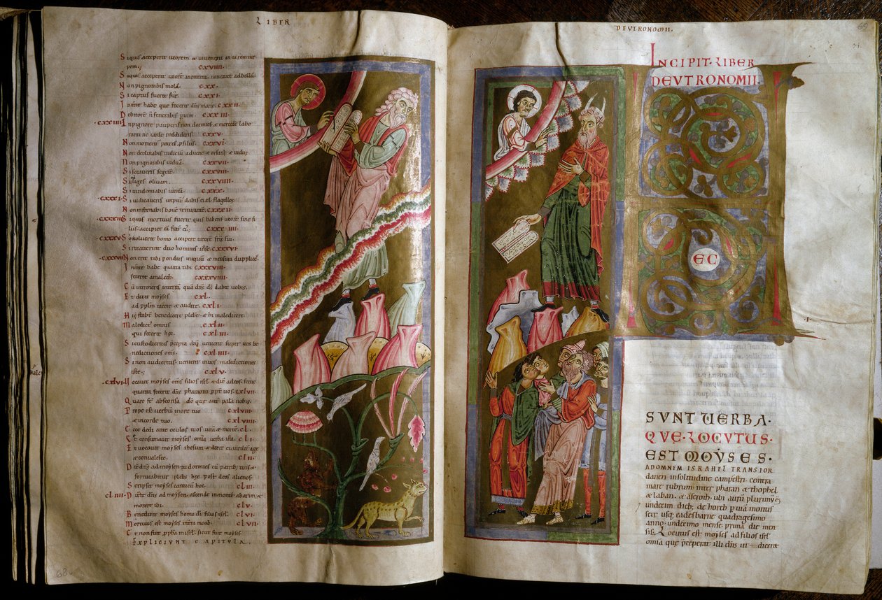 موسى يتلقى جداول القانون صفحة مزدوجة من مخطوطة "" Gebhardt Bibel "" (Admont) (ص 68 ، 69 و) القرن الثاني عشر فيينا Osterreischische Nationalbibliothek بواسطة فنان غير معروف