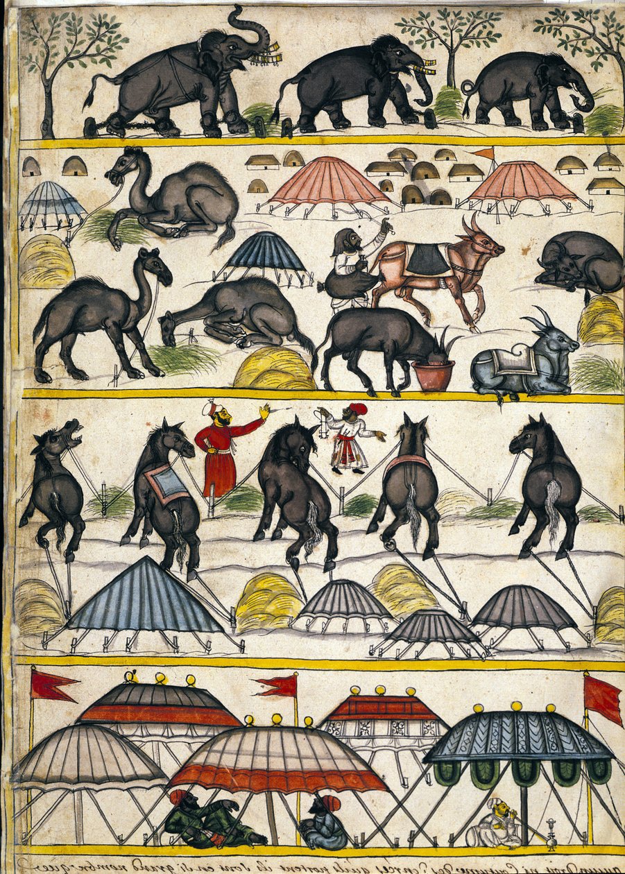 معسكر موغال العسكري. صفحة من المخطوطة (ms.8300) "" تاريخ موغول "" (المغول أو المغول) لستيفانو نيفيبوس كارديرا. القرن ال 18. Bibloteca marciana ، البندقية بواسطة فنان غير معروف