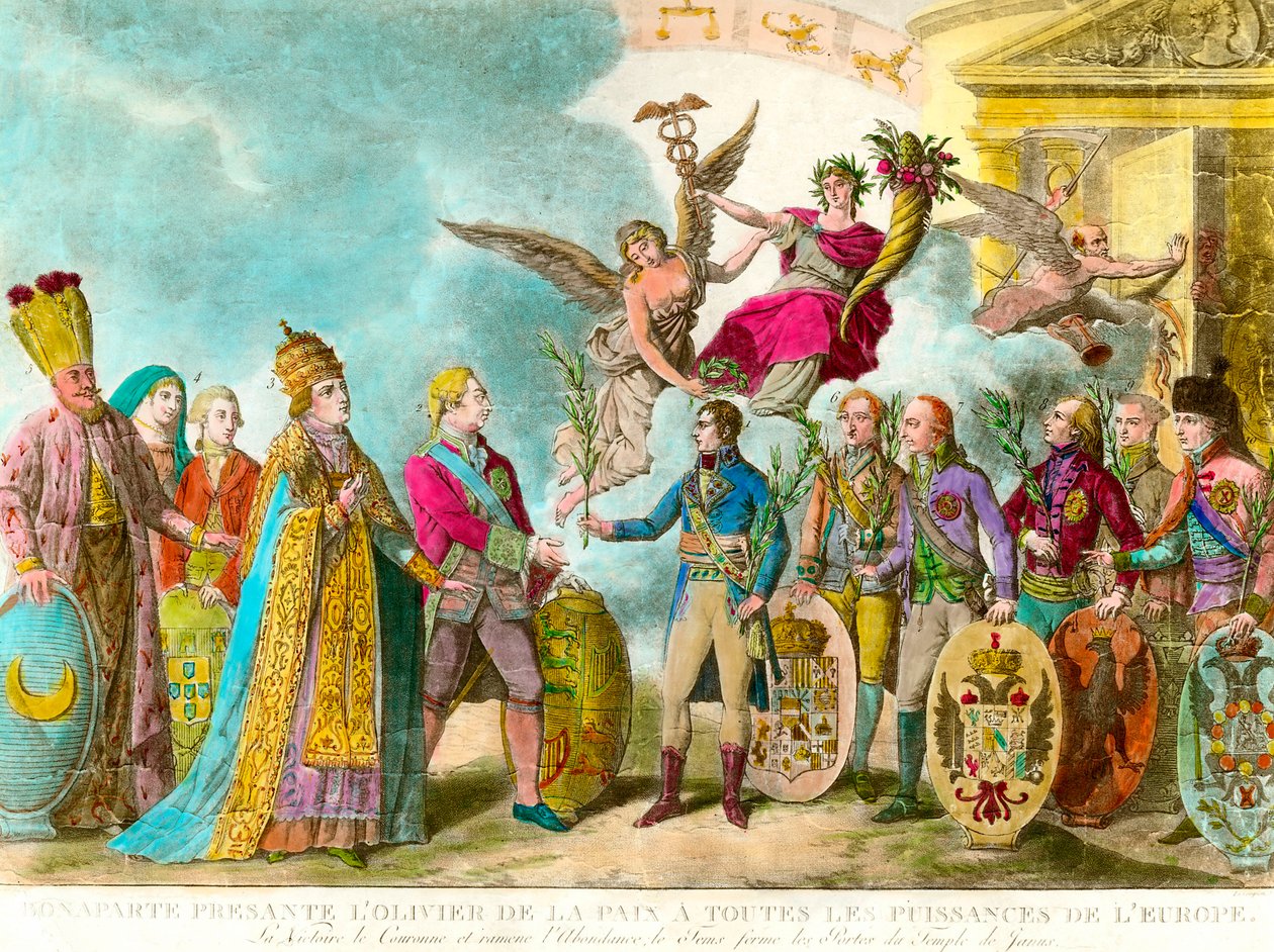 قدم نابليون بونابرت (1769-1821) شجرة زيتون السلام لجميع قوى أوروبا. نقش 1801 مجموعة خاصة بواسطة فنان غير معروف