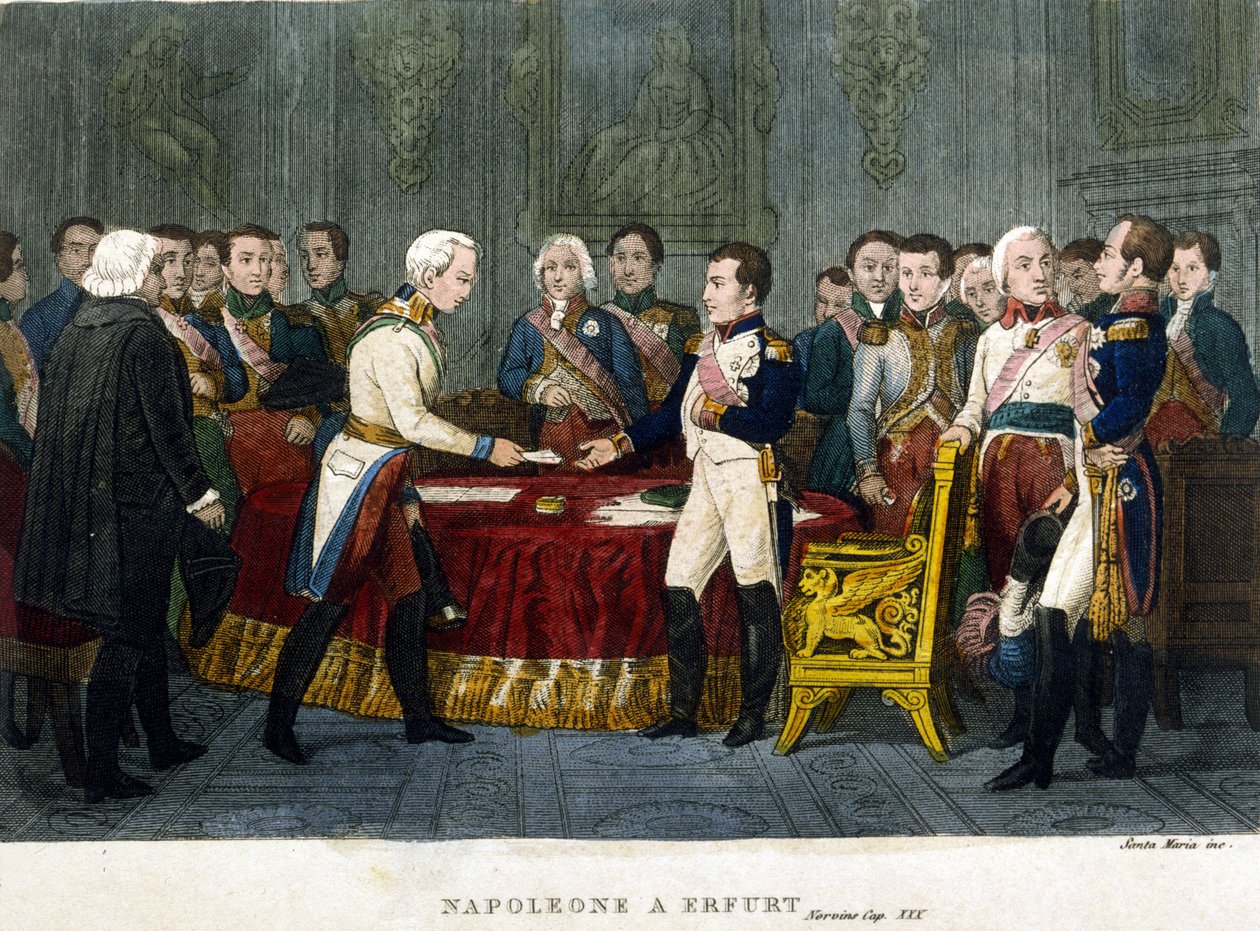 التقى نابليون الأول (1769 - 1821) بألكسندر الأول في إرفورت عام 1808. بواسطة فنان غير معروف