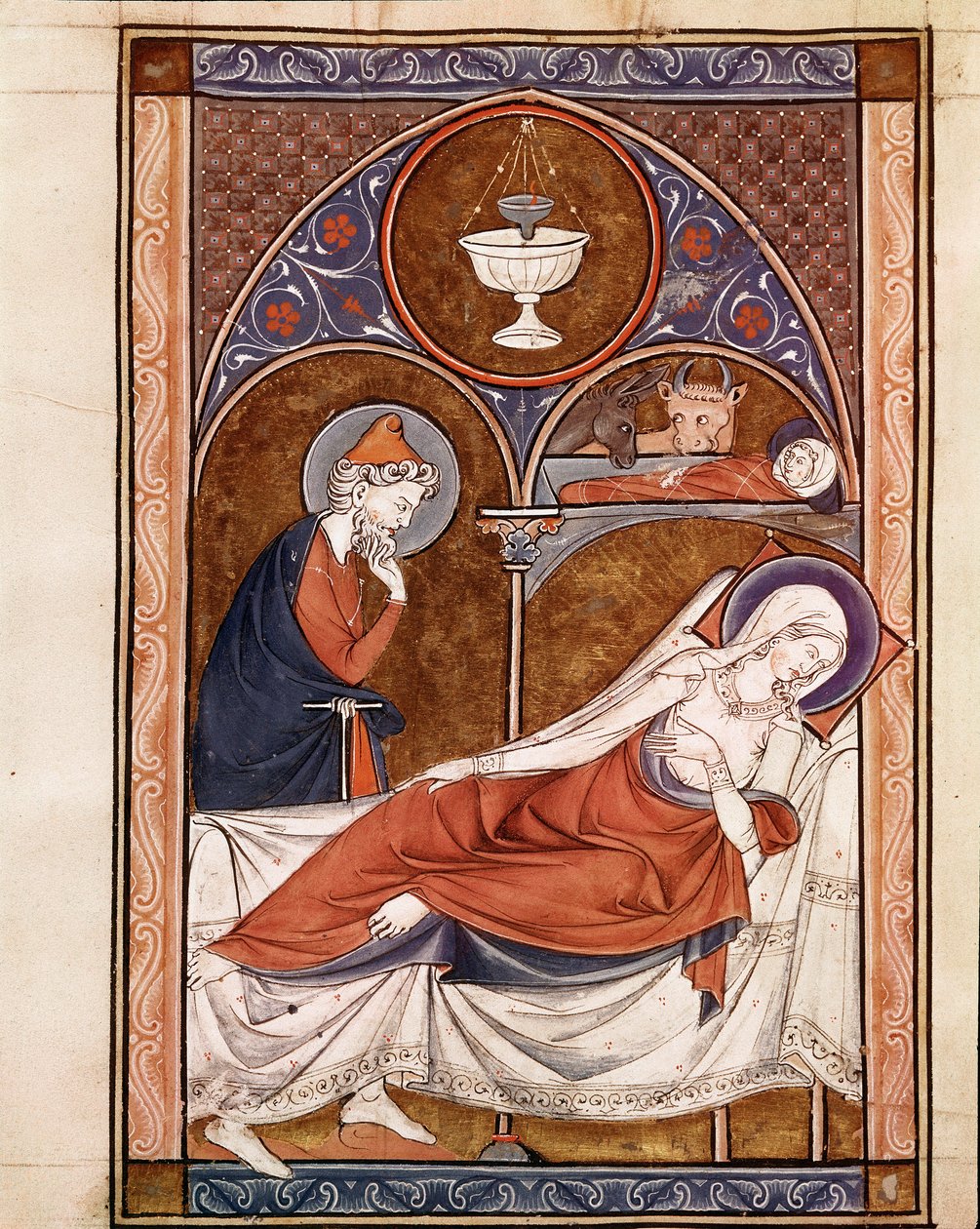 Nativity: the Virgin Mary is represented here lying on a bed Page taken from the manuscript “” Psalterium Cum Calendario”” 13th century Padua, bibliotheque of the seminary بواسطة فنان غير معروف